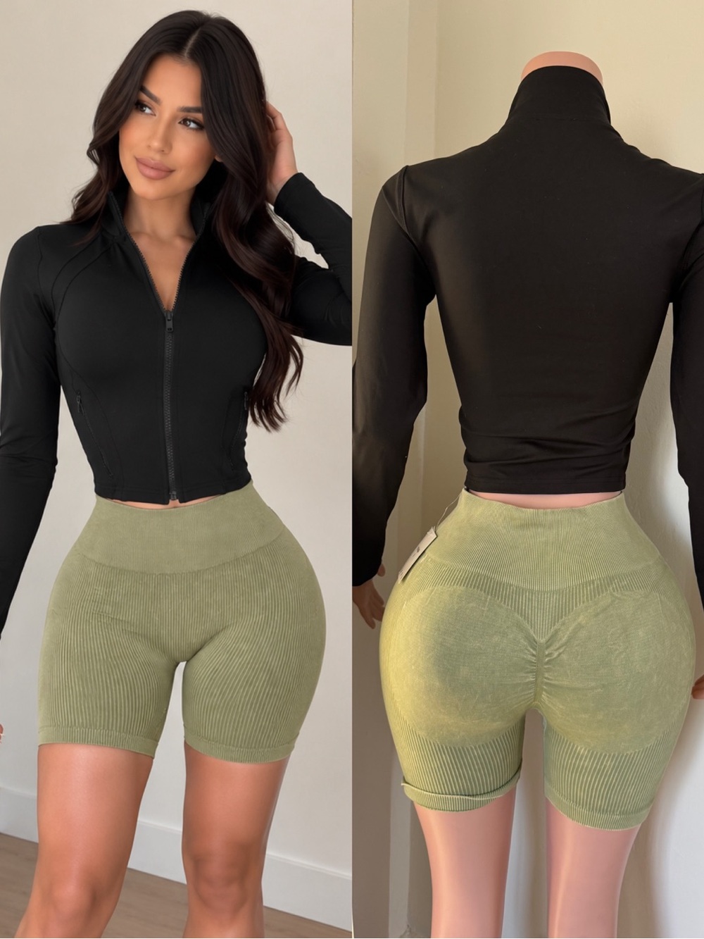 Seamless Olive Green Ribbed Bike Shorts - Women's Activewear